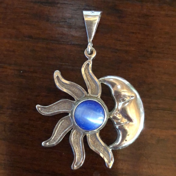 Vintage Sun Moon with Blue Gemstone 925 Sterling Silver Pendant made in Mexico - Picture 2 of 5